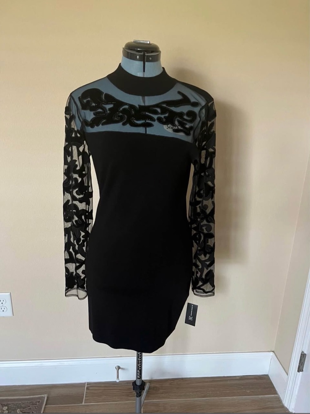 INC International Concepts Black Long Sleeve Sheer Appliquรฉ Bodycon Dress
